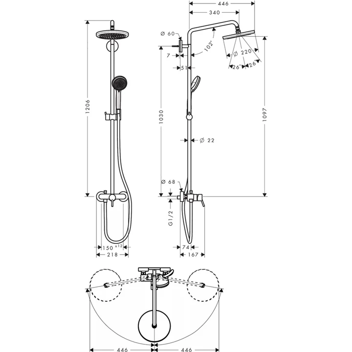 Hansgrohe Croma 220 Showerpipe egykaros csapteleppel és 400 mm-es elforgatható zuhanykarral, DN15, króm 27222000