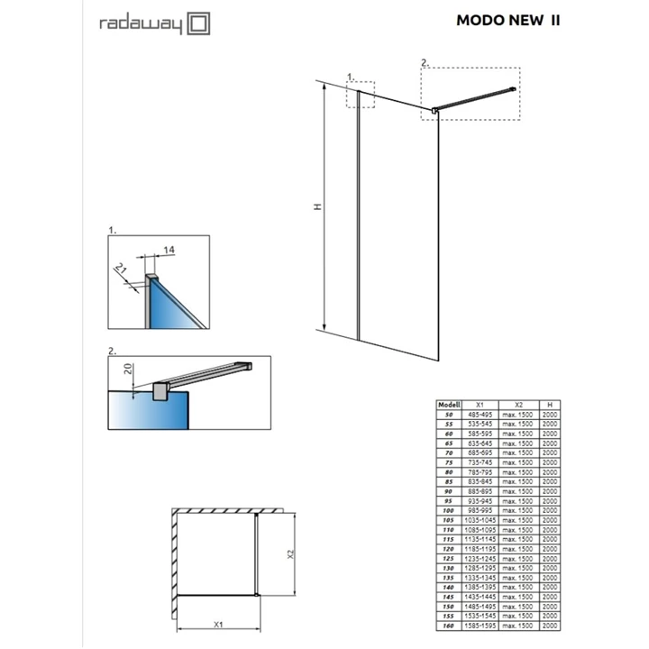 Radaway Modo New Gold II Walk-in zuhanyfal 50x200 átlátszó üveg, arany profilszín 389054-09-01