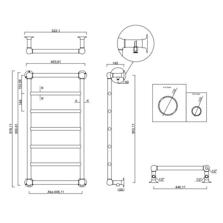 Sapho Uno fürdőszobai radiátor 493x951 mm, polírozott inox NR816