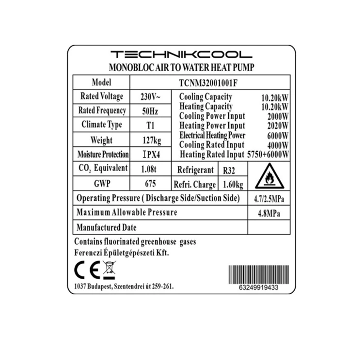 Technik Cool PRO monoblokkos levegő-víz hőszivattyú, 10 kW, 1 fázisú, 230 V TCNM32001001F