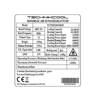Technik Cool PRO monoblokkos levegő-víz hőszivattyú, 10 kW, 3 fázisú, 400 V TCNM32001003F