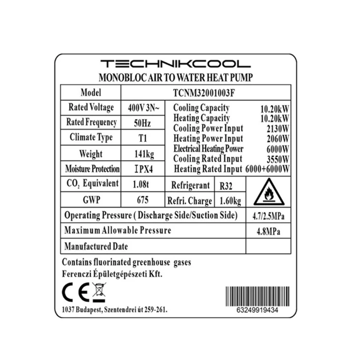 Technik Cool PRO monoblokkos levegő-víz hőszivattyú, 10 kW, 3 fázisú, 400 V TCNM32001003F