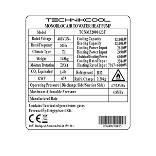 Technik Cool PRO monoblokkos levegő-víz hőszivattyú, 12 kW, 3 fázisú, 400 V TCNM32000123F
