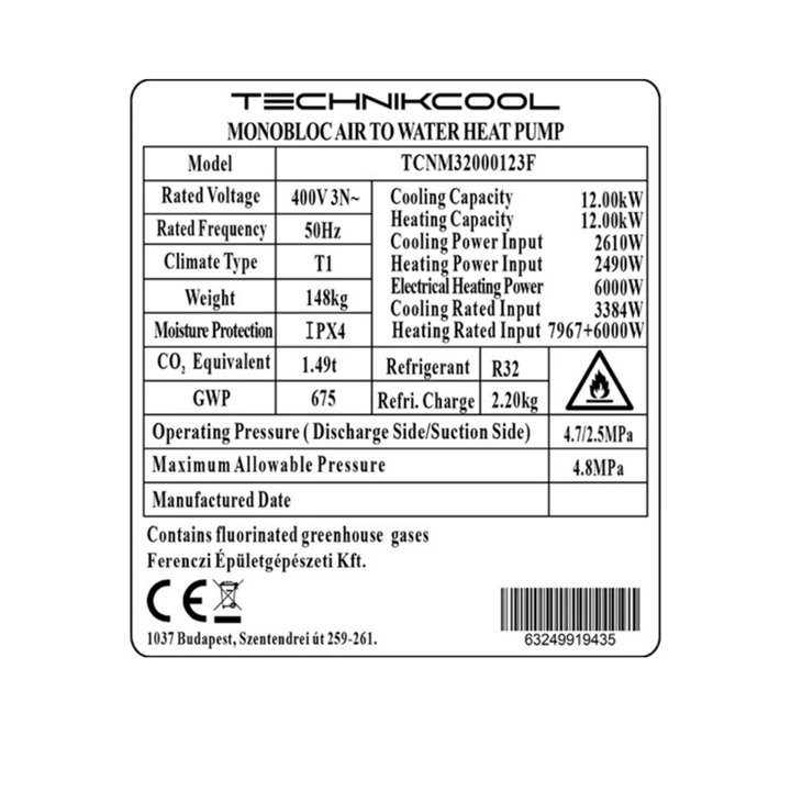 Technik Cool PRO monoblokkos levegő-víz hőszivattyú, 12 kW, 3 fázisú, 400 V TCNM32000123F