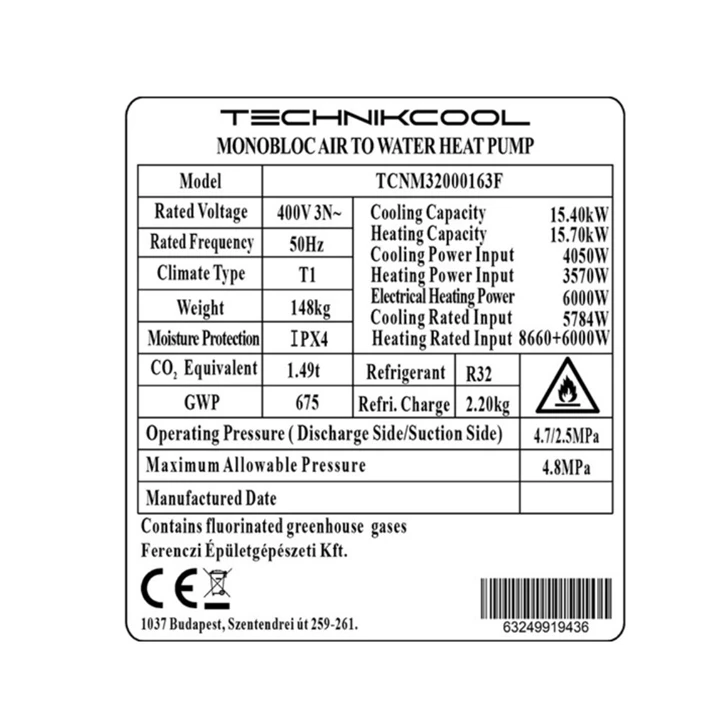 Technik Cool PRO monoblokkos levegő-víz hőszivattyú, 16 kW, 3 fázisú, 400 V TCNM32000163F