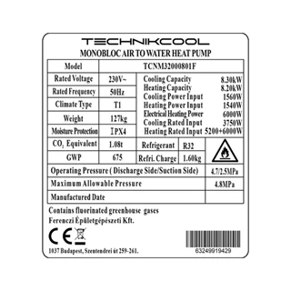 Technik Cool PRO monoblokkos levegő-víz hőszivattyú, 8 kW, 1 fázisú, 230 V TCNM32000801F