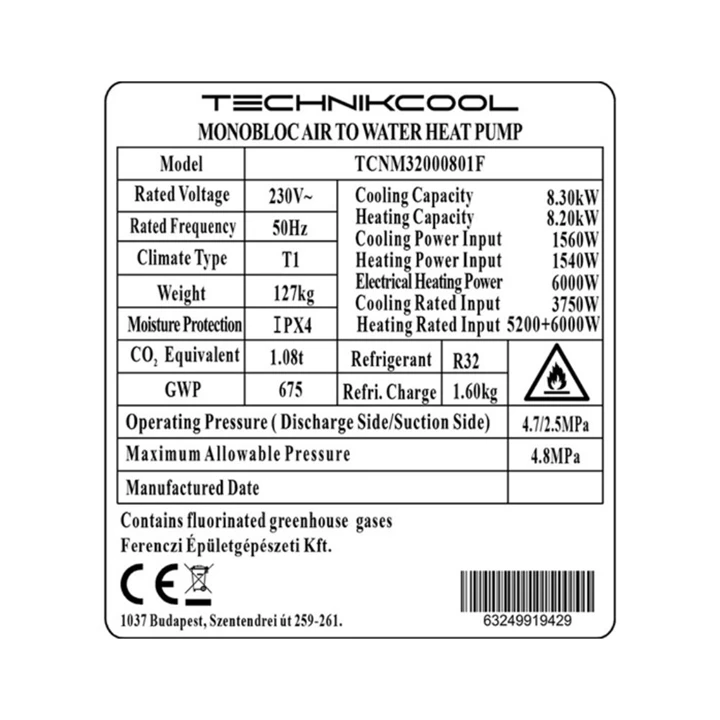Technik Cool PRO monoblokkos levegő-víz hőszivattyú, 8 kW, 1 fázisú, 230 V TCNM32000801F