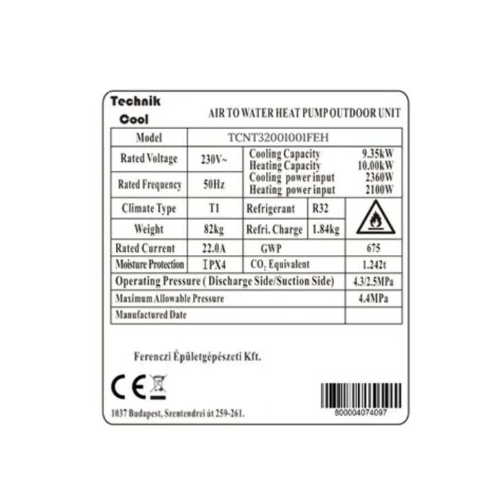 Technik Cool PRO split levegő-víz hőszivattyú beépített 185 literes HMV tárolóval, 10 kW, 1 fázisú, 230 V TCNT32001001FE