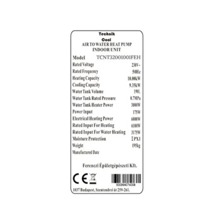 Technik Cool PRO split levegő-víz hőszivattyú beépített 185 literes HMV tárolóval, 10 kW, 1 fázisú, 230 V TCNT32001001FE
