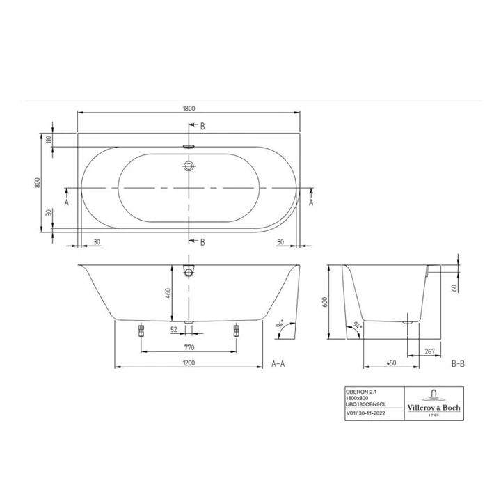 Villeroy and Boch Oberon 2.1 Quaryl fürdőkád 180x80, balos / alpesi fehér UBQ180OBN9CL00VD01